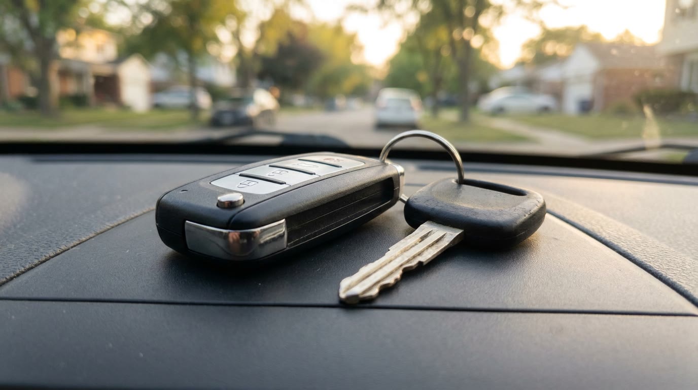 A modern key fob and a transponder car key on a car dashboard in Colorado Springs