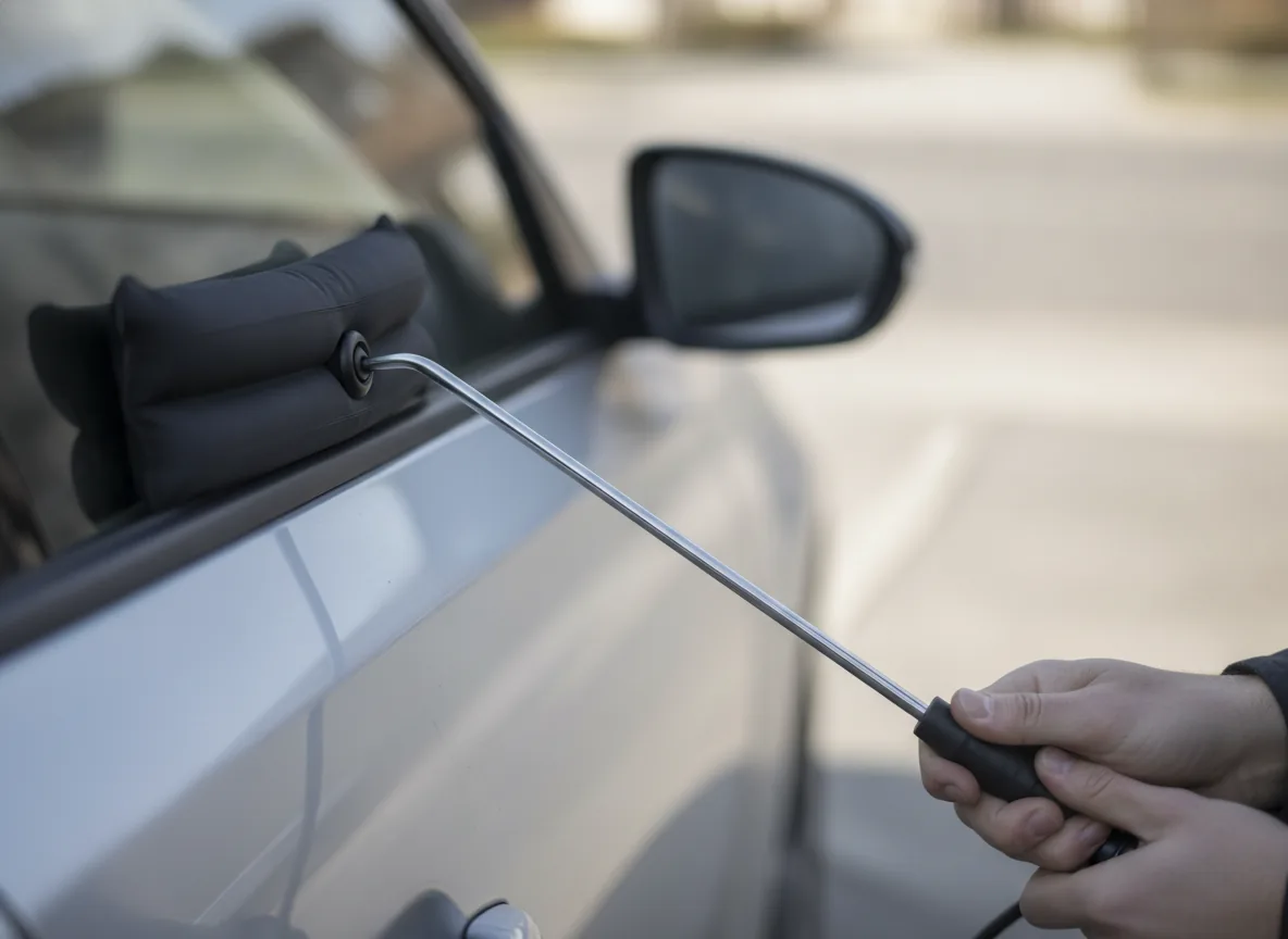 Car lockout tool opening a vehicle door during mobile locksmith service