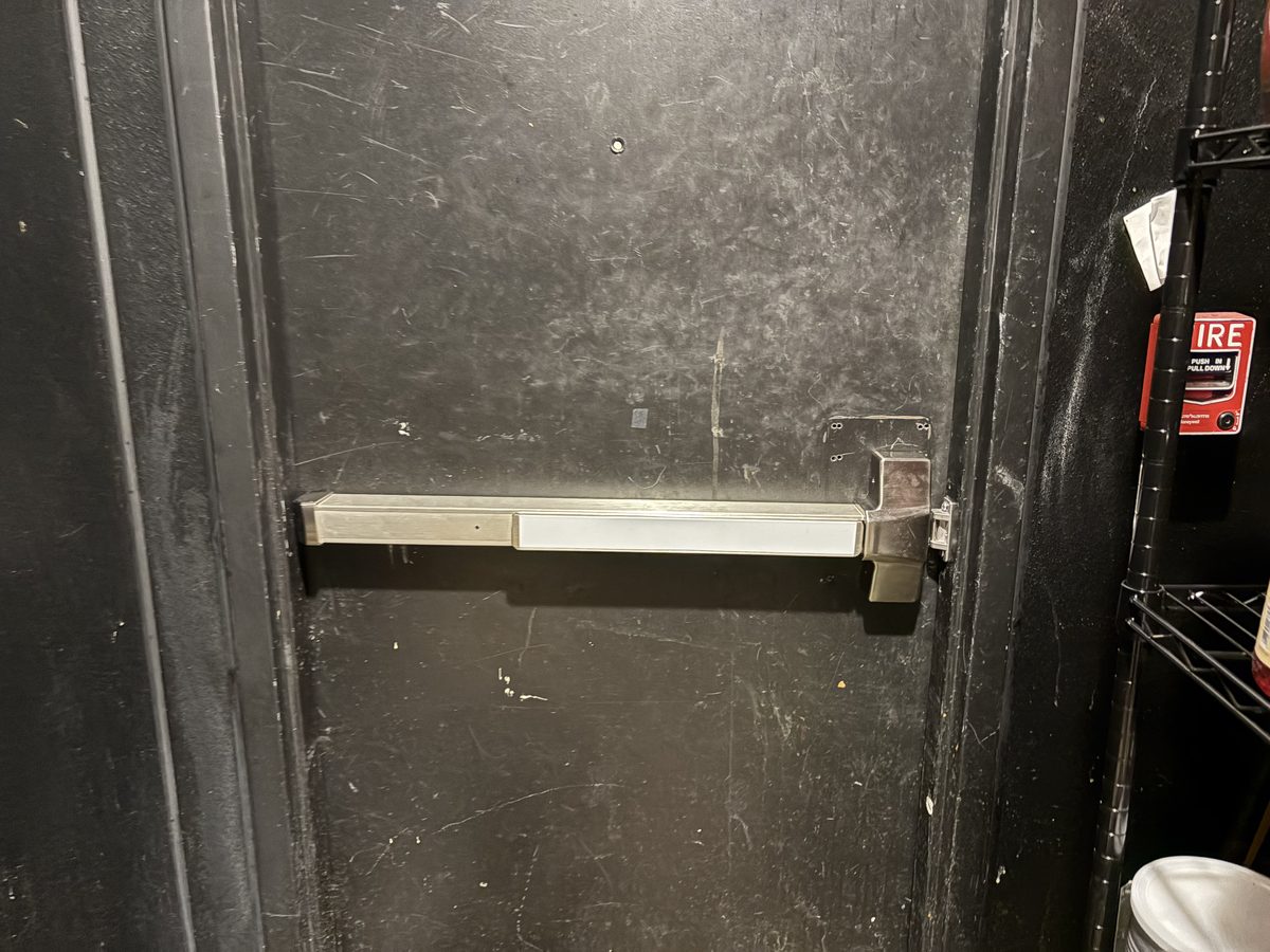 Commercial panic bar installed on a fire-rated exit door