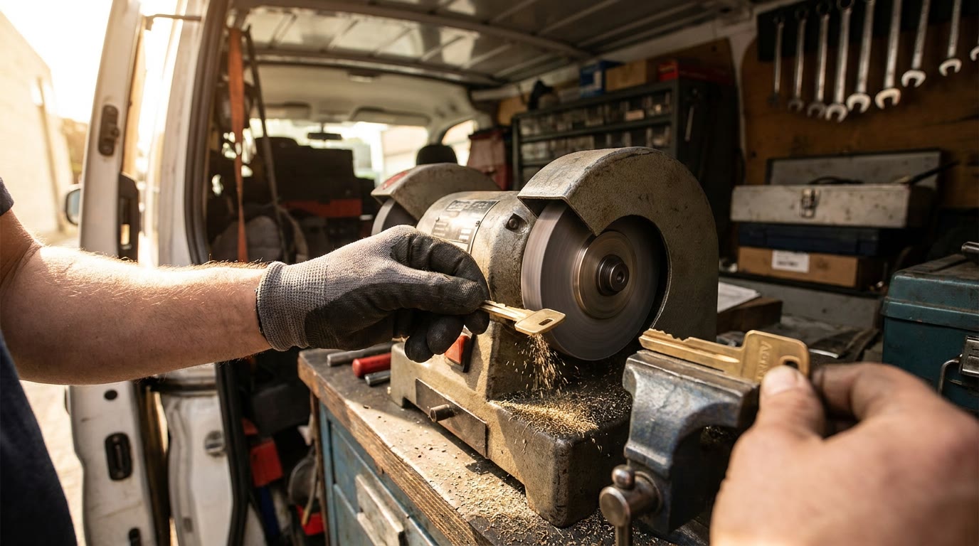 A locksmith cutting a duplicate house key on a key cutting machine in Colorado Springs
