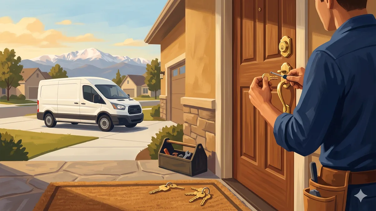 Illustration of a locksmith working on a deadbolt at the front door of a Colorado Springs home with Pikes Peak in the background