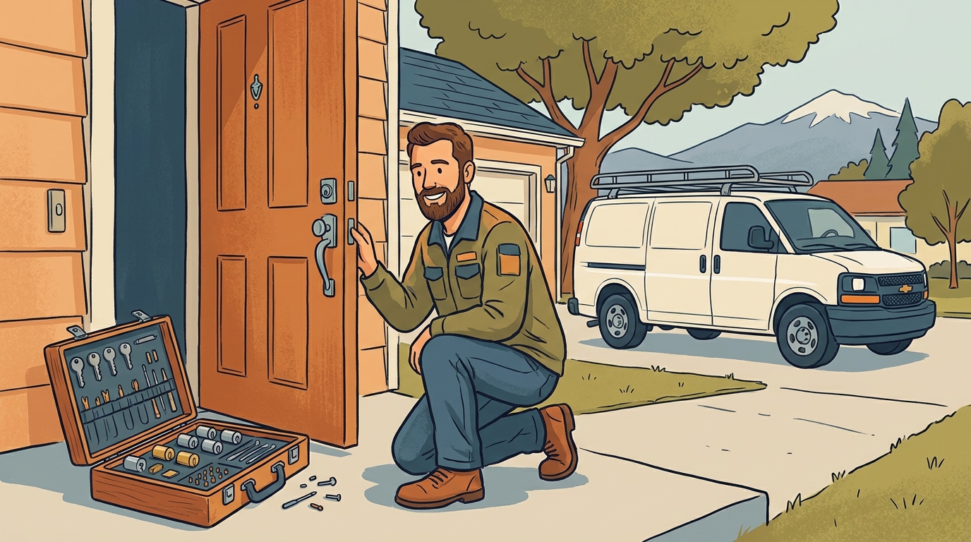 Mobile locksmith kneeling at a Colorado Springs front door with a case of lock cylinders and a work van in the driveway