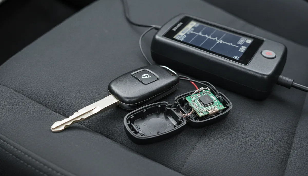 Transponder car key being programmed with diagnostic equipment