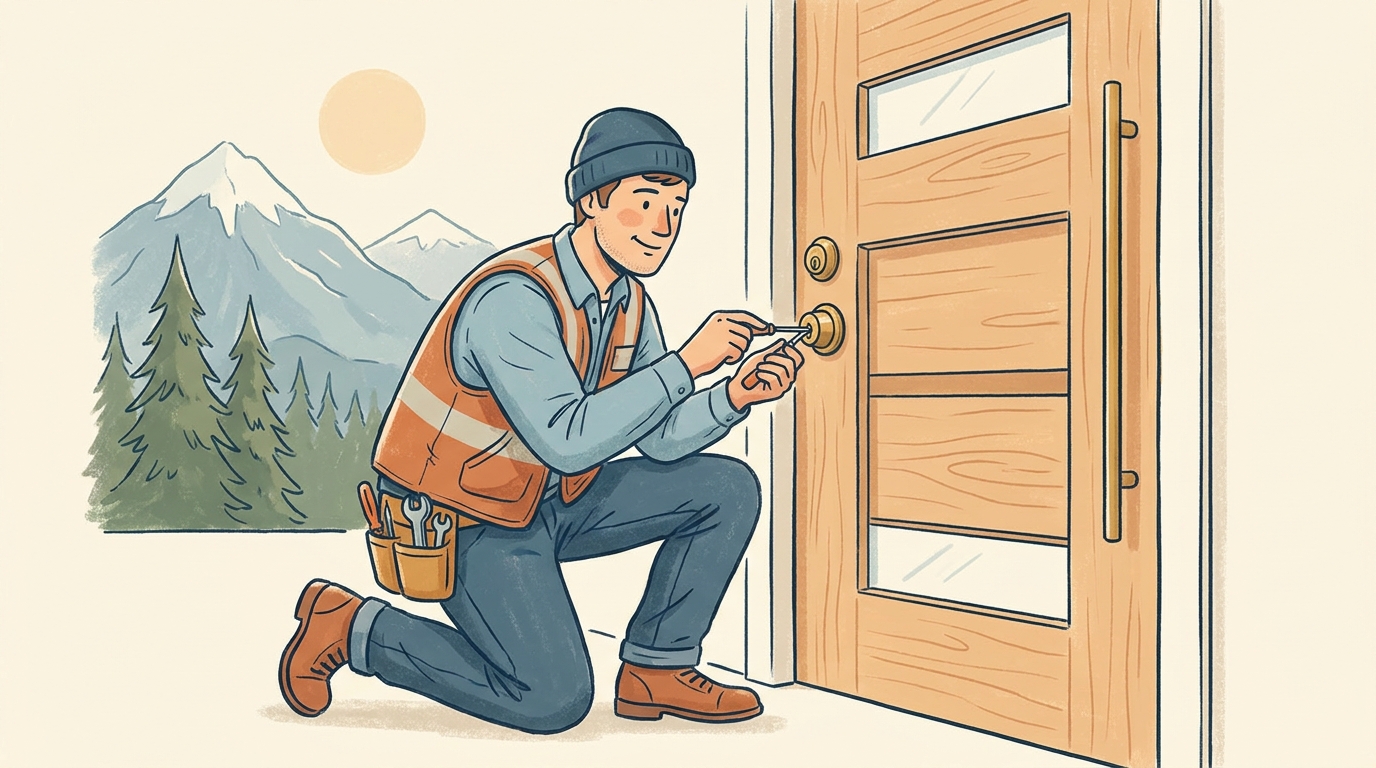 Professional locksmith rekeying a deadbolt lock on a new home front door